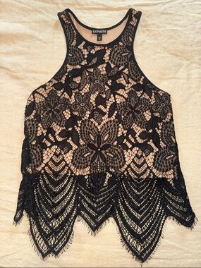 Express Black Lace High-Neck Cropped Crochet Tank